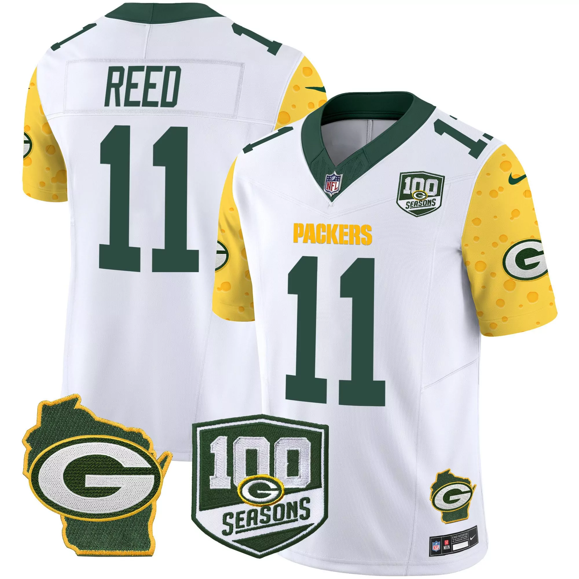 jayden reed white mens green bay packers 100th season home patch cheese vapor limited jersey all stitched