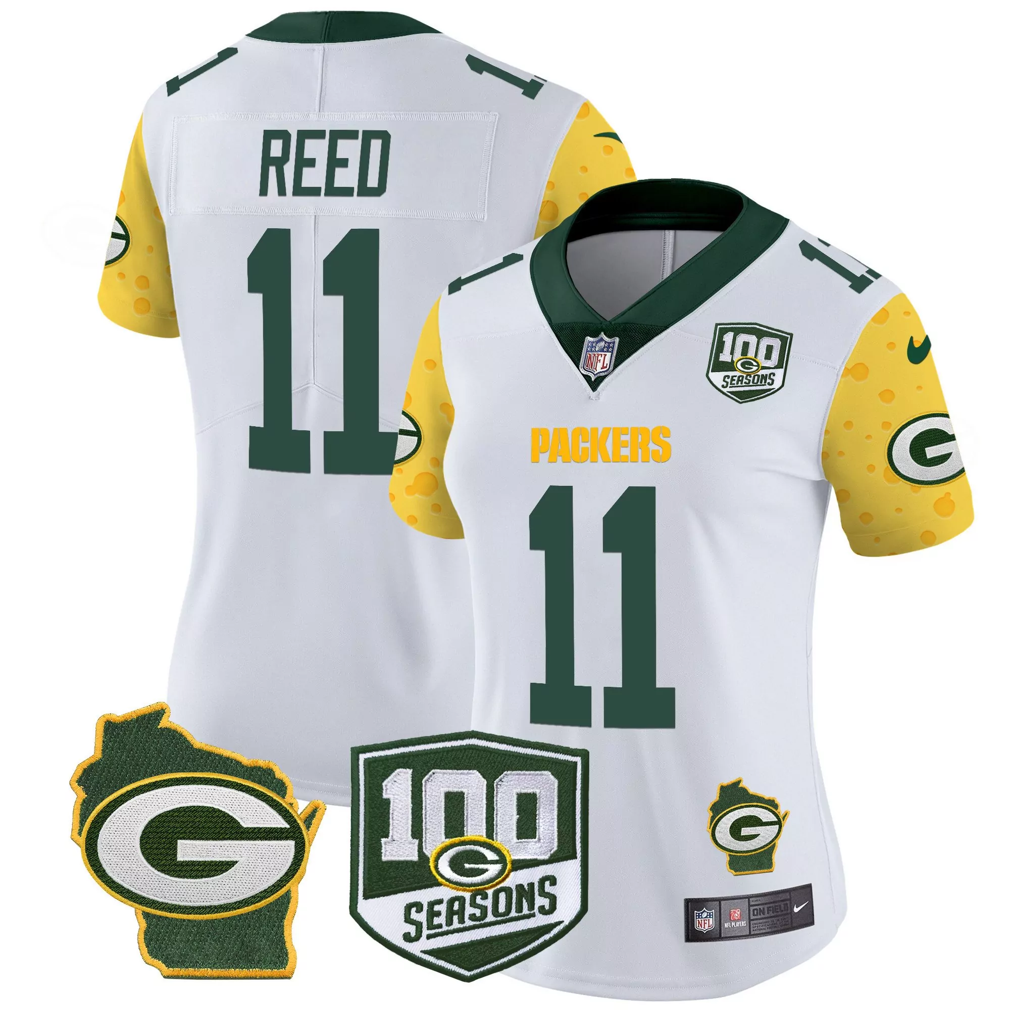 jayden reed white womens green bay packers 100th season home patch cheese vapor limited jersey all stitched