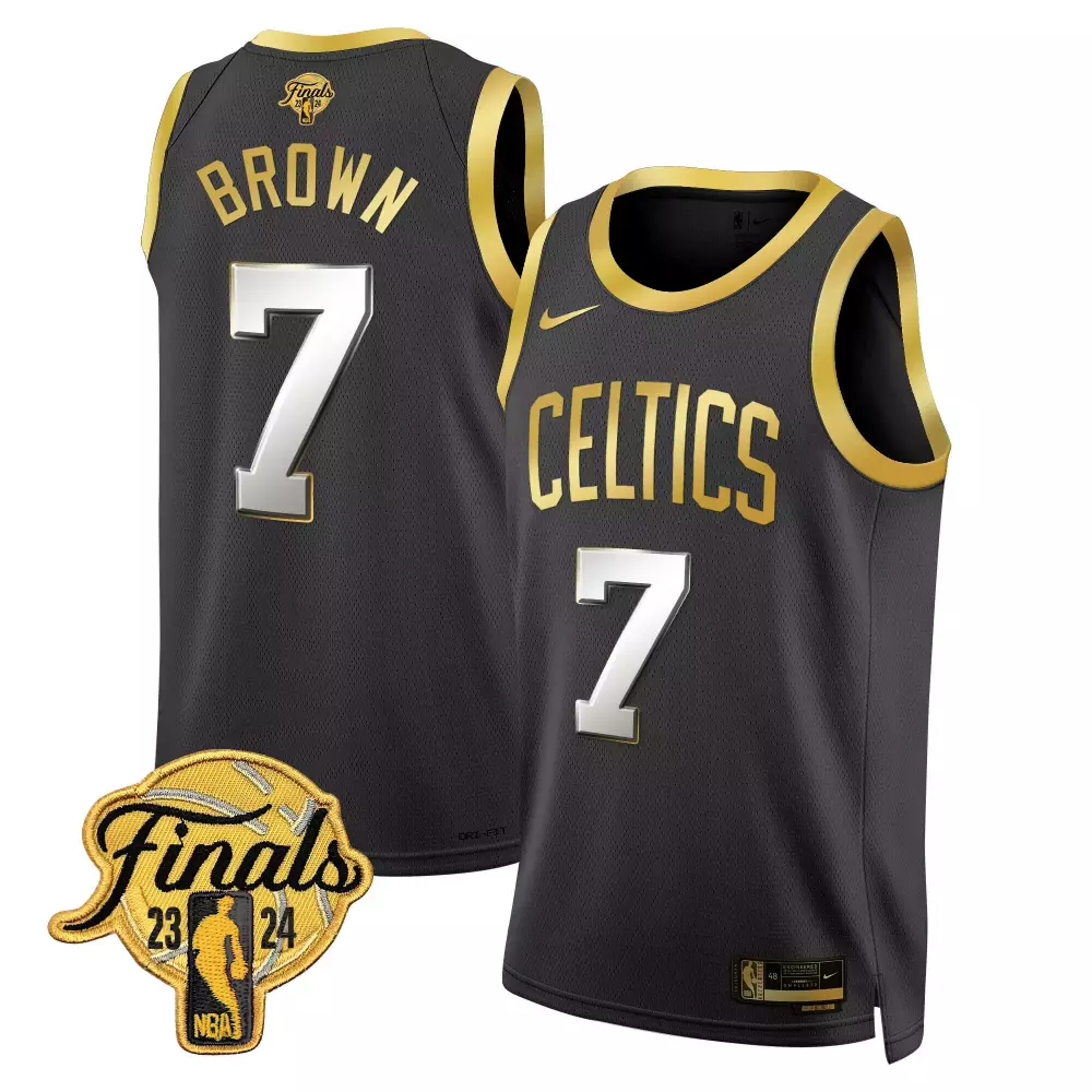 jaylen brown black gold mens boston celtics 2024 finals patch swingman jersey all stitched