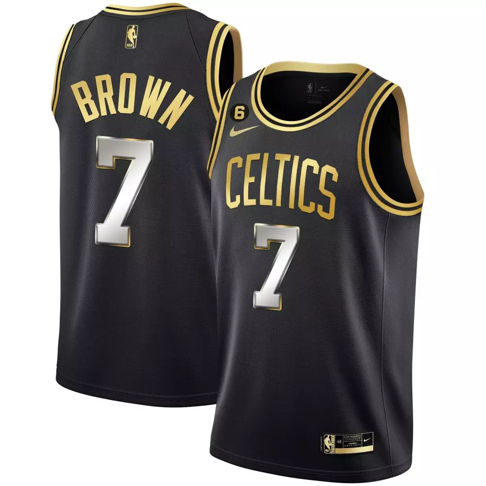 jaylen brown black gold mens boston celtics bill russell patch collection jersey all stitched