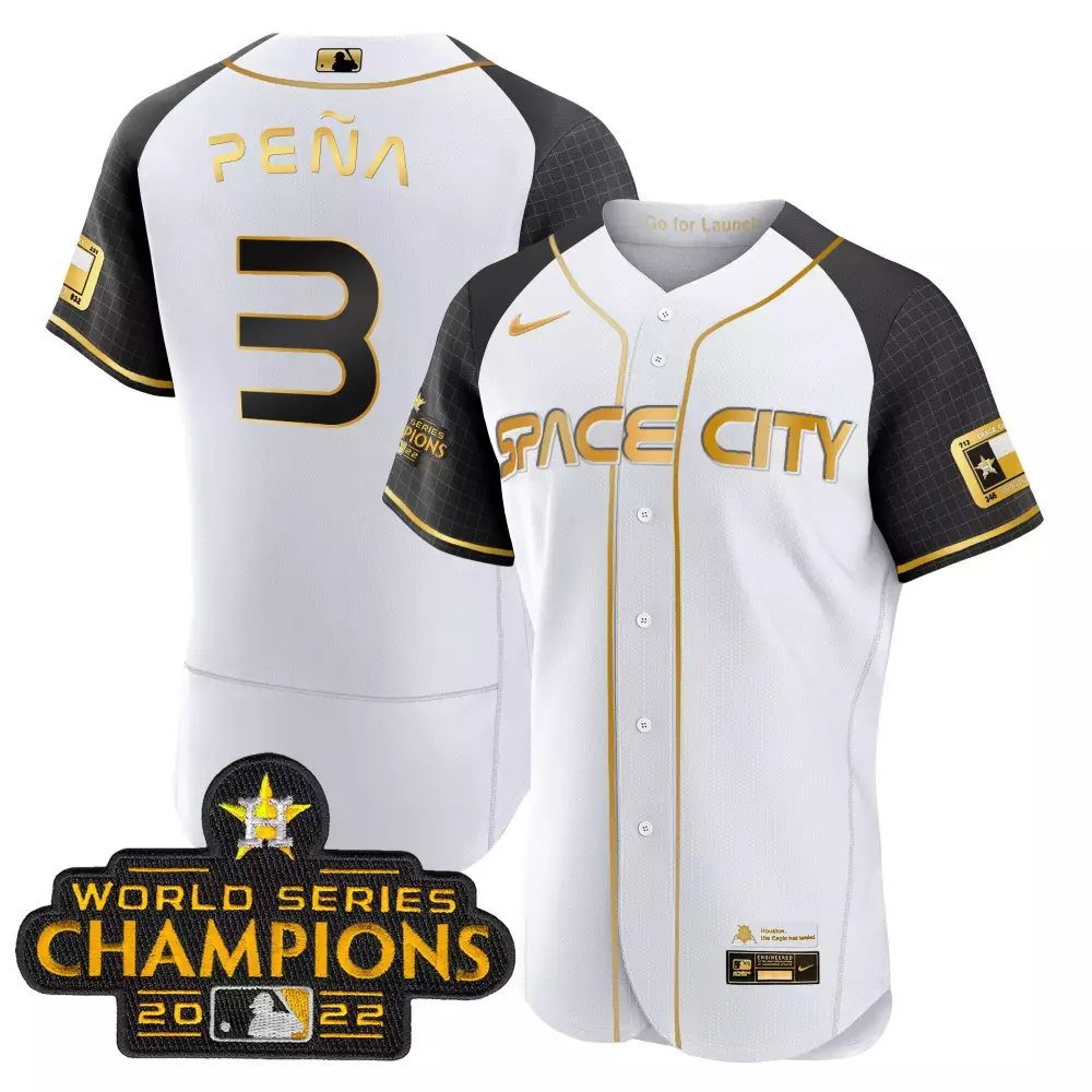 Jeremy Pena 2023 Space City Champions Alternate Flex Jersey | White Gold Stitched | Limited Edition Fan Gear | For Men, Women & Youth