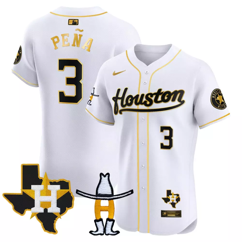 Jeremy Pena Houston Rodeo Patch Vapor Premier Elite Jersey | White Gold Stitched | Limited Edition Fan Gear | For Men, Women & Youth