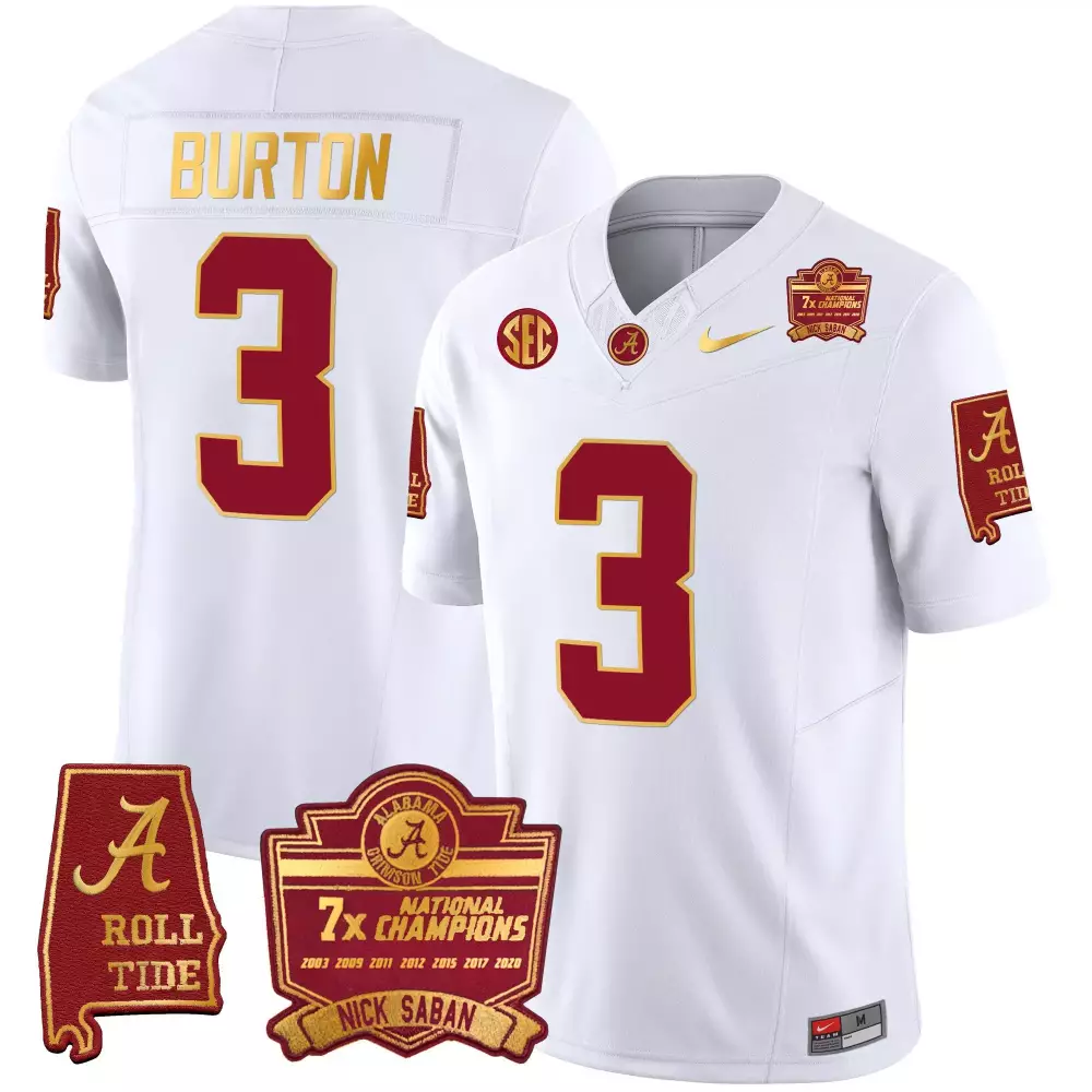 jermaine burton white mens alabama crimson tide nick saban 7x champions patch gold trim jersey all stitched