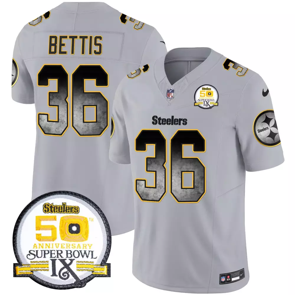 Jerome Bettis Gray Men's Pittsburgh Steelers Arch Smoke 50th Anniversary of Super Bowl IX Patch Vapor Limited Jersey | All Stitched | Fan Gear for Men, Women & Youth