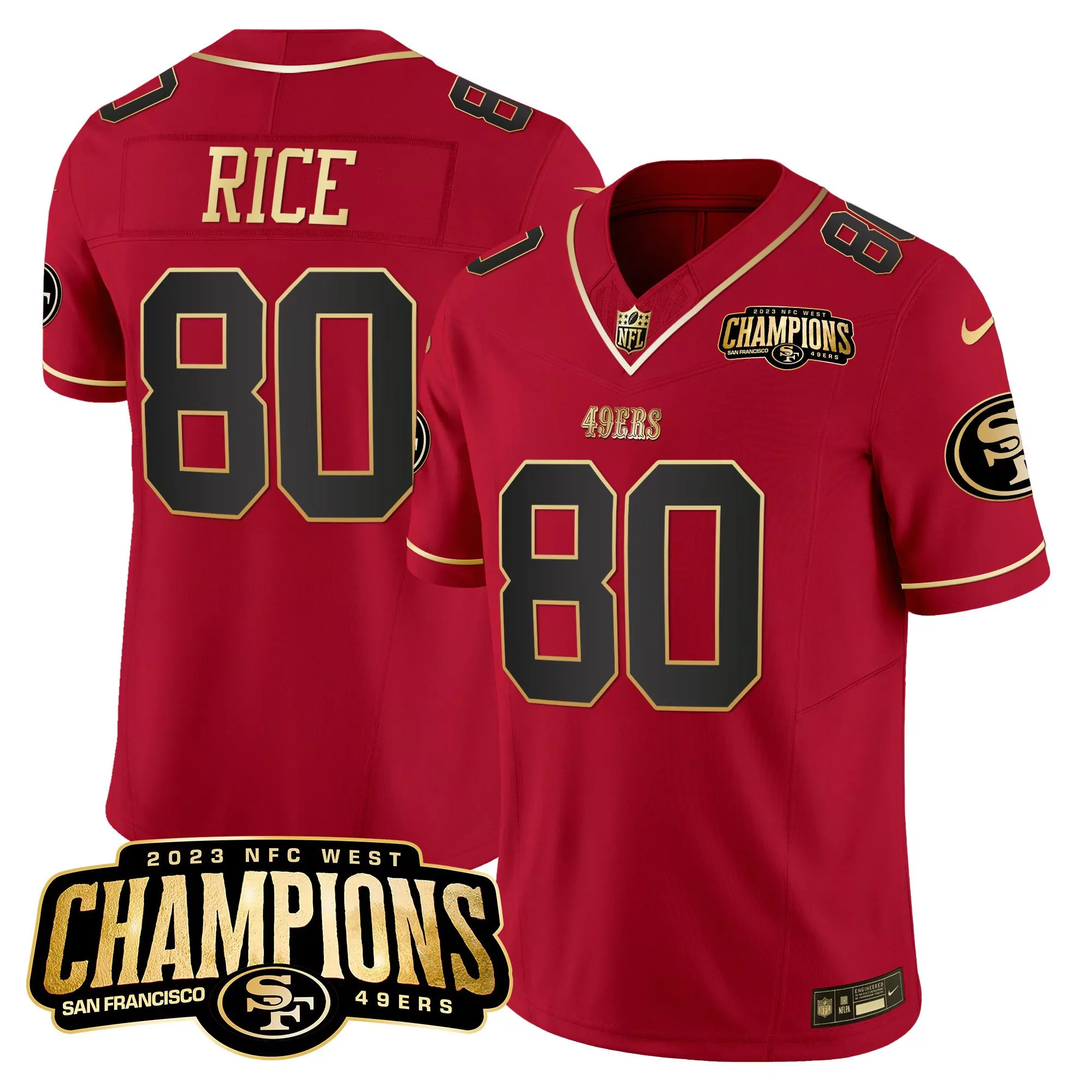 jerry rice scarlet limited mens 49ers 2023 nfc west champions patch vapor jersey v2 all stitched
