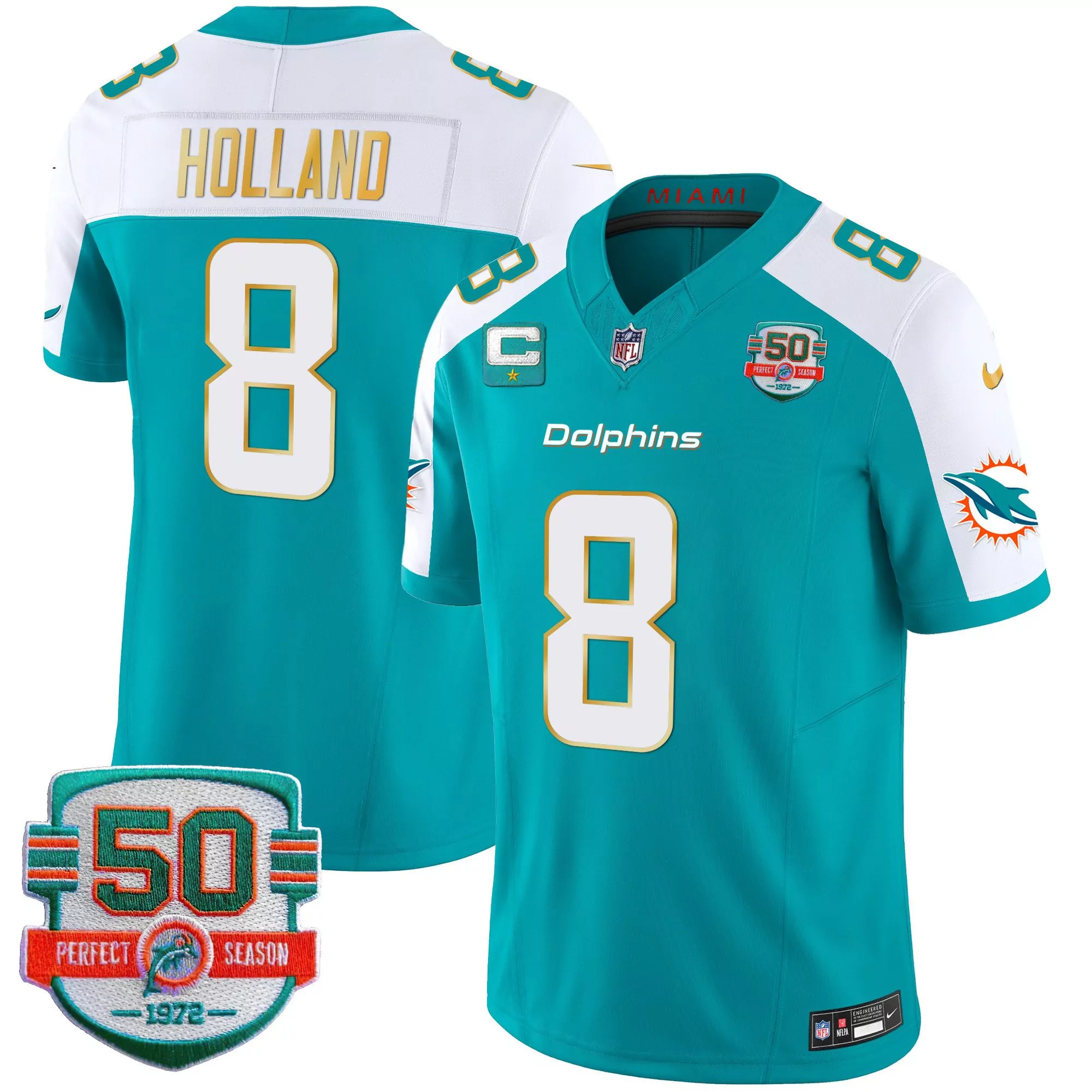 jevon holland aqua alternate mens miami dolphins 50th 1972 perfect season patch vapor jersey all stitched