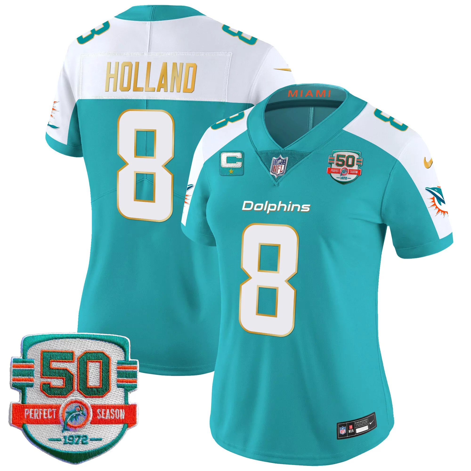 jevon holland aqua alternate womens miami dolphins 50th 1972 perfect season patch vapor jersey all stitched