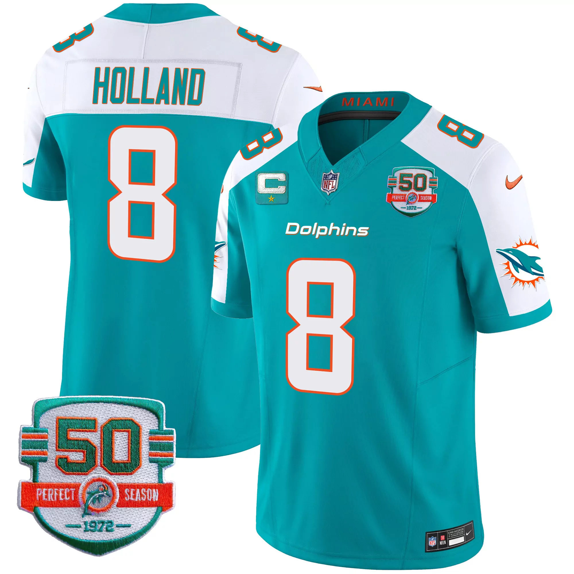 jevon holland aqua alternate womens miami dolphins 50th 1972 perfect season patch vapor jersey all stitched