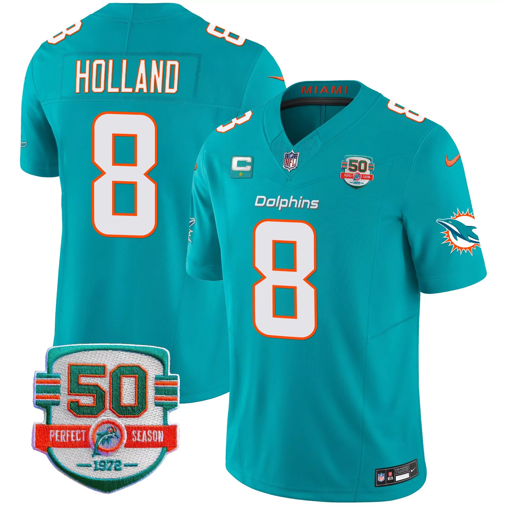 jevon holland aqua alternate womens miami dolphins 50th 1972 perfect season patch vapor jersey all stitched