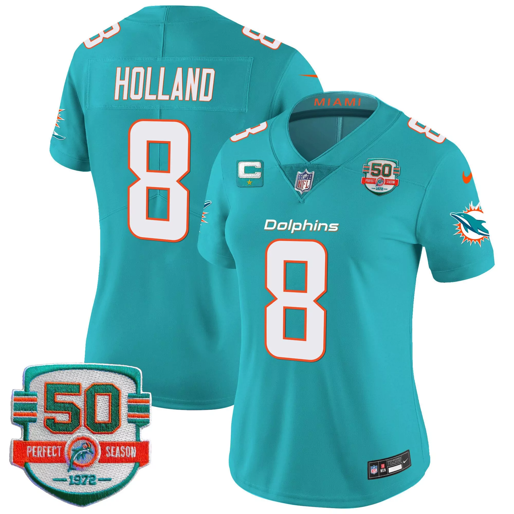 jevon holland aqua womens miami dolphins 50th 1972 perfect season patch vapor jersey all stitched