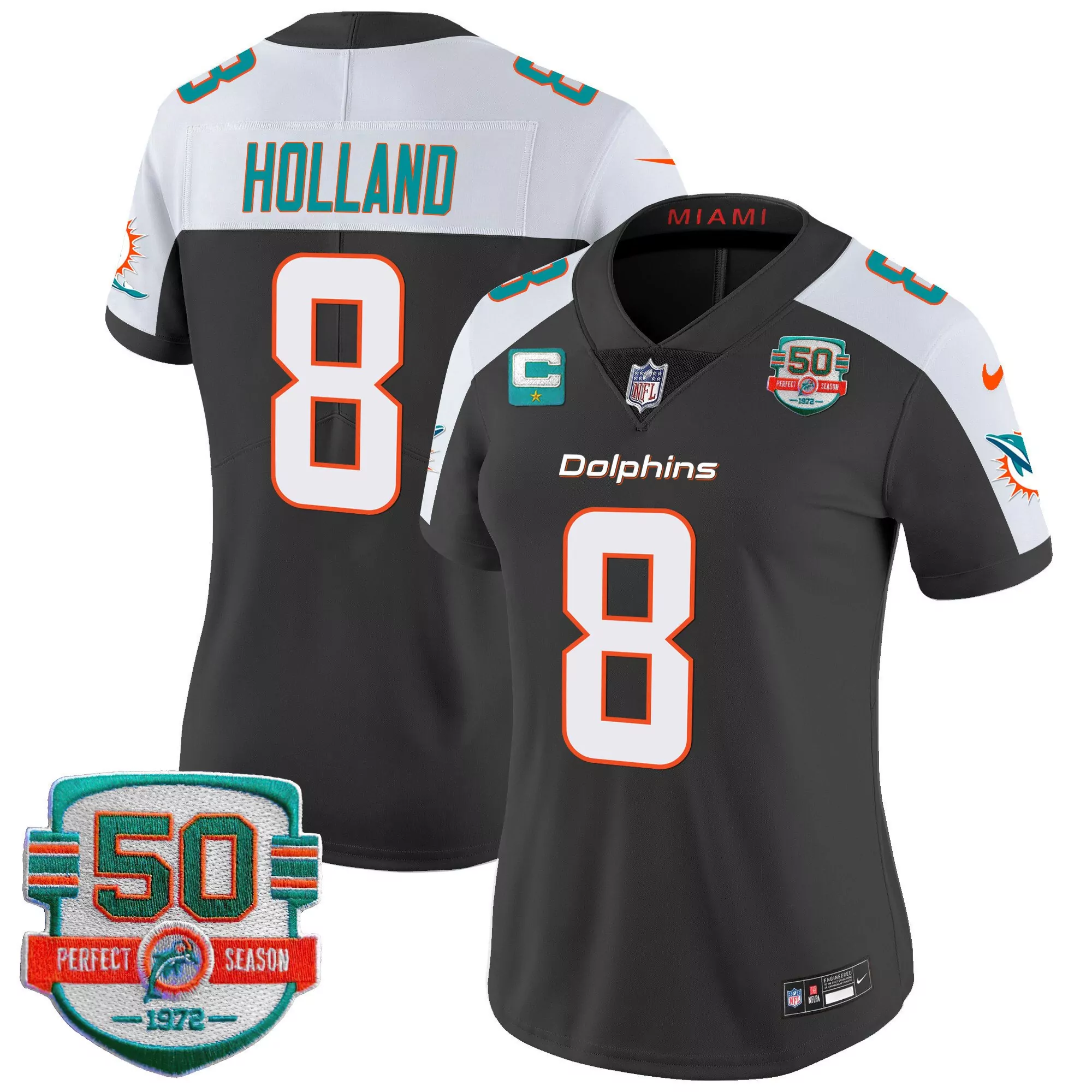 jevon holland black alternate womens miami dolphins 50th 1972 perfect season patch vapor jersey all stitched
