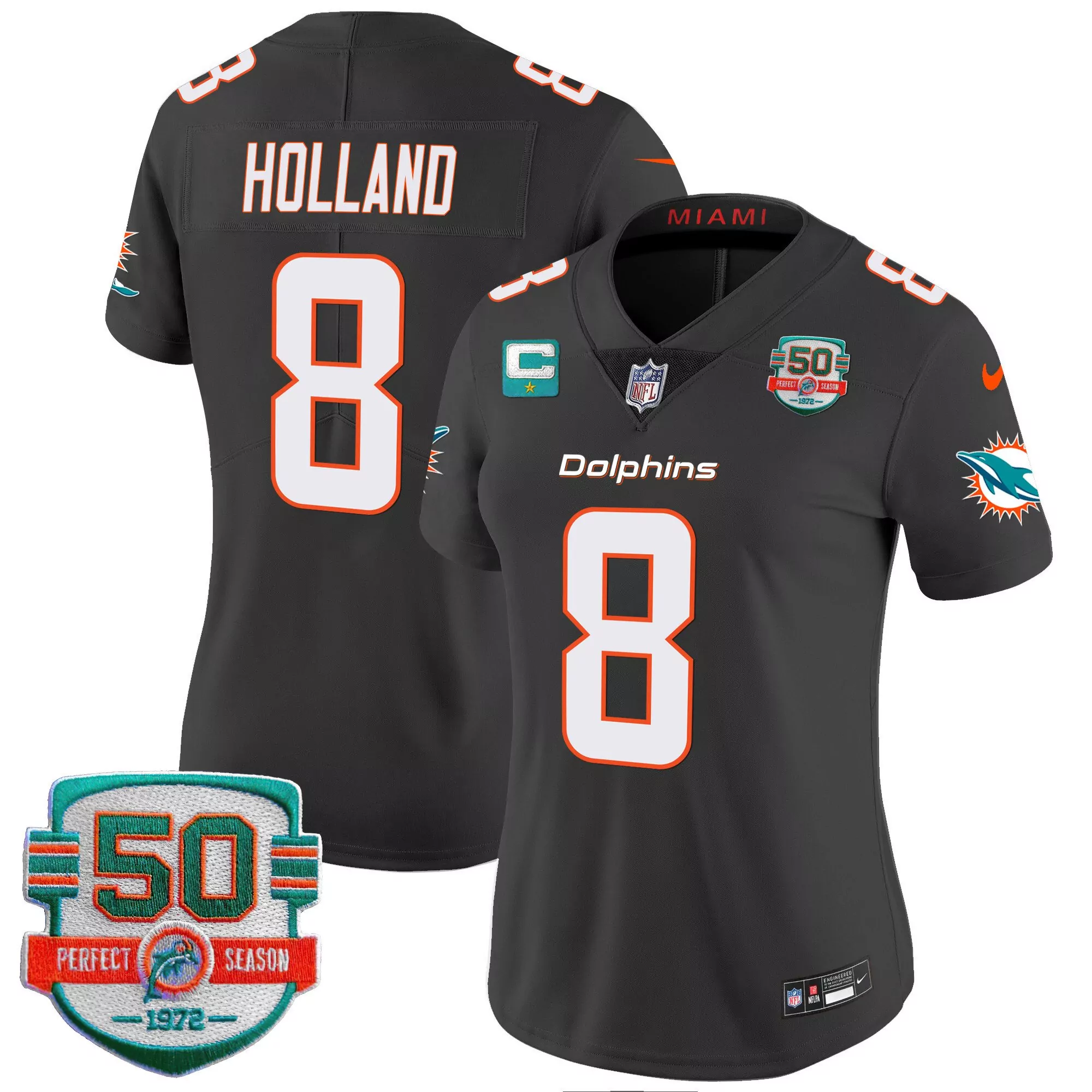 jevon holland black womens miami dolphins 50th 1972 perfect season patch vapor jersey all stitched