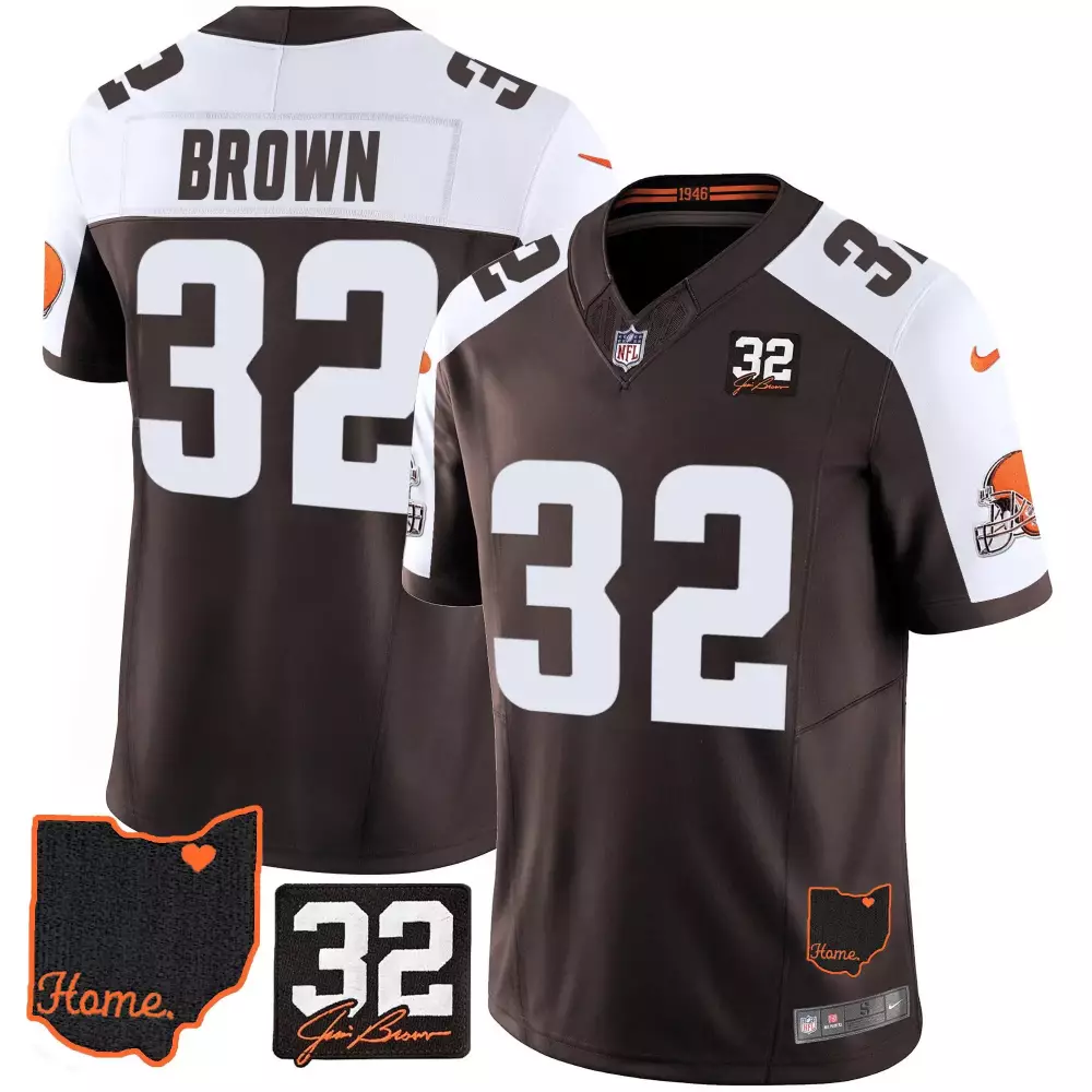jim brown alternate mens cleveland browns 32 jim brown memorial home patch jersey v3 all stitched