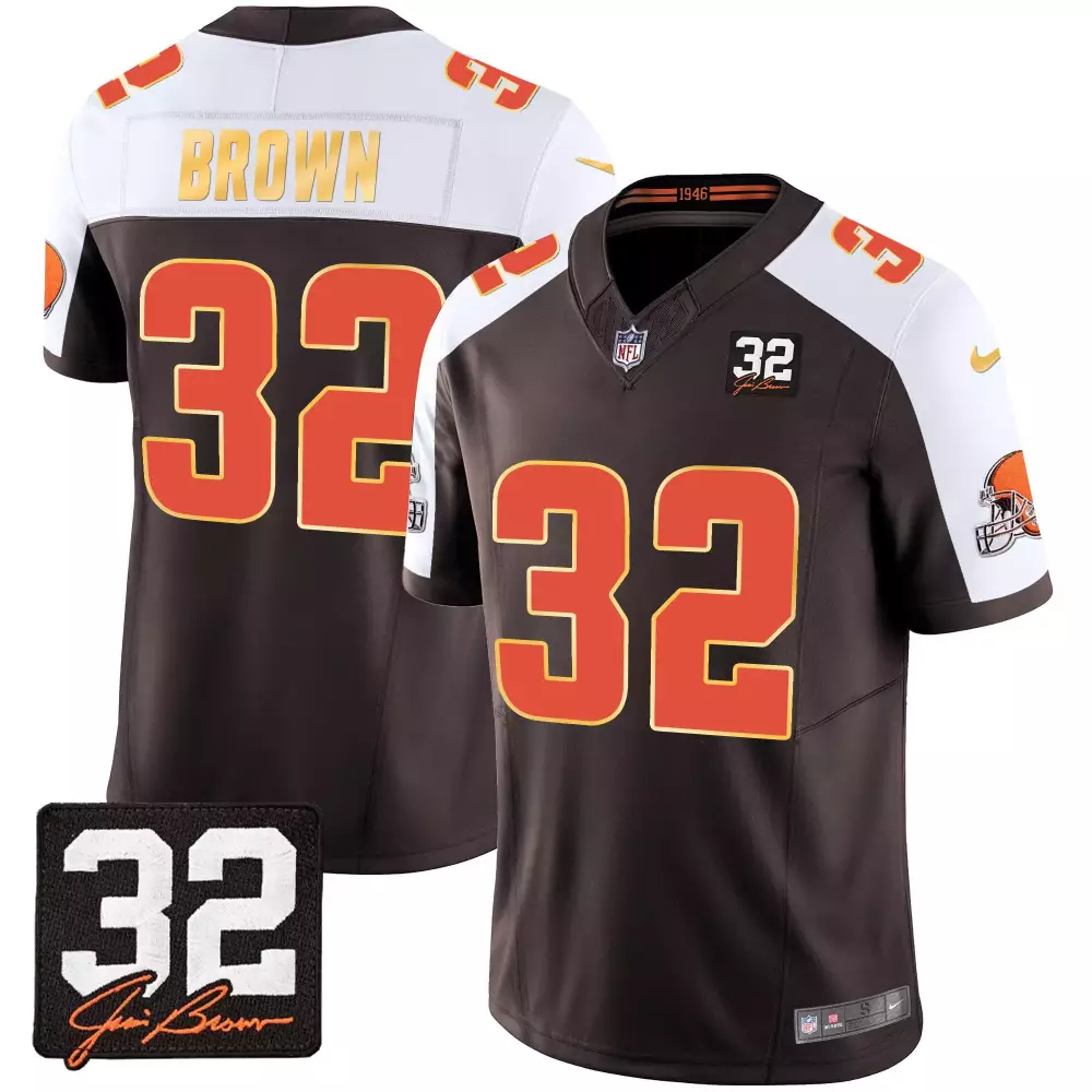 jim brown alternate mens cleveland browns 32 jim brown memorial home patch jersey v3 all stitched