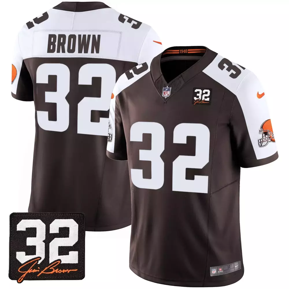 jim brown alternate mens cleveland browns 32 jim brown memorial home patch jersey v3 all stitched