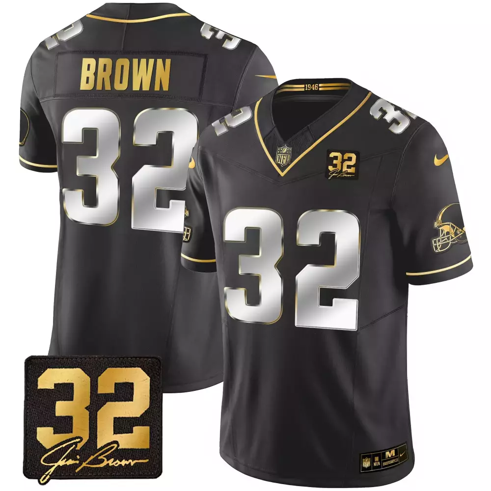 jim brown black gold womens cleveland browns 32 jim brown memorial home patch gold jersey all stitched