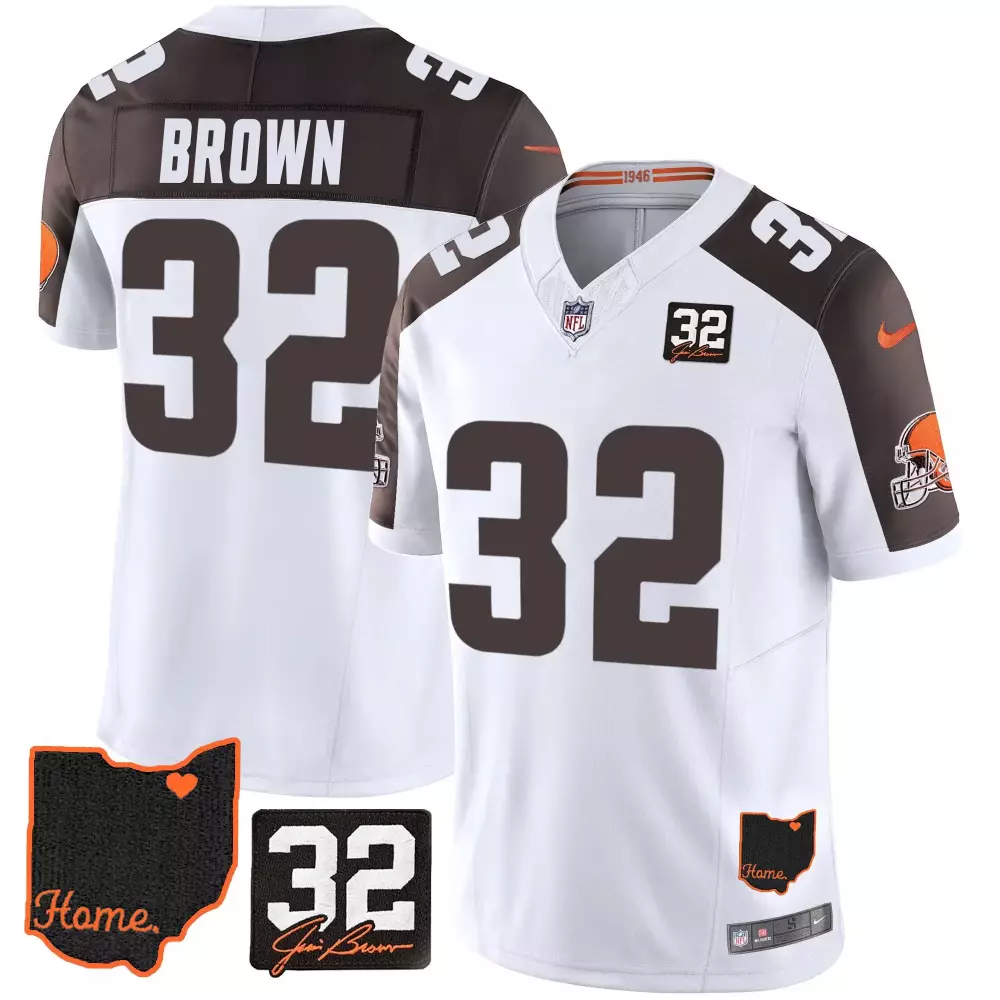 Jim Brown Cleveland Browns 32 Memorial Home Patch Jersey V3 | Inverted Gray | Fan Gear for Men, Women & Youth