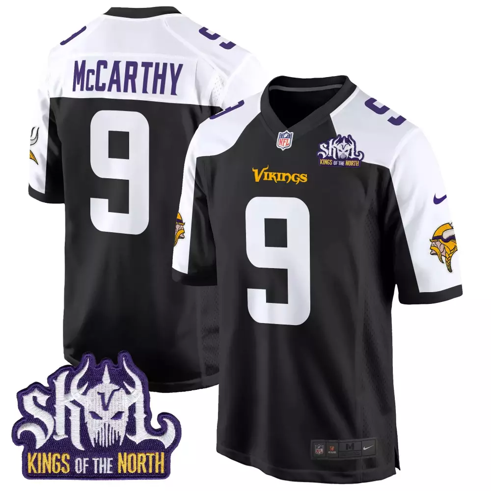 JJ McCarthy Minnesota Vikings Men's Black Alternate King of the North Patch Game Jersey | All Stitched Fan Gear | For Men, Women & Youth