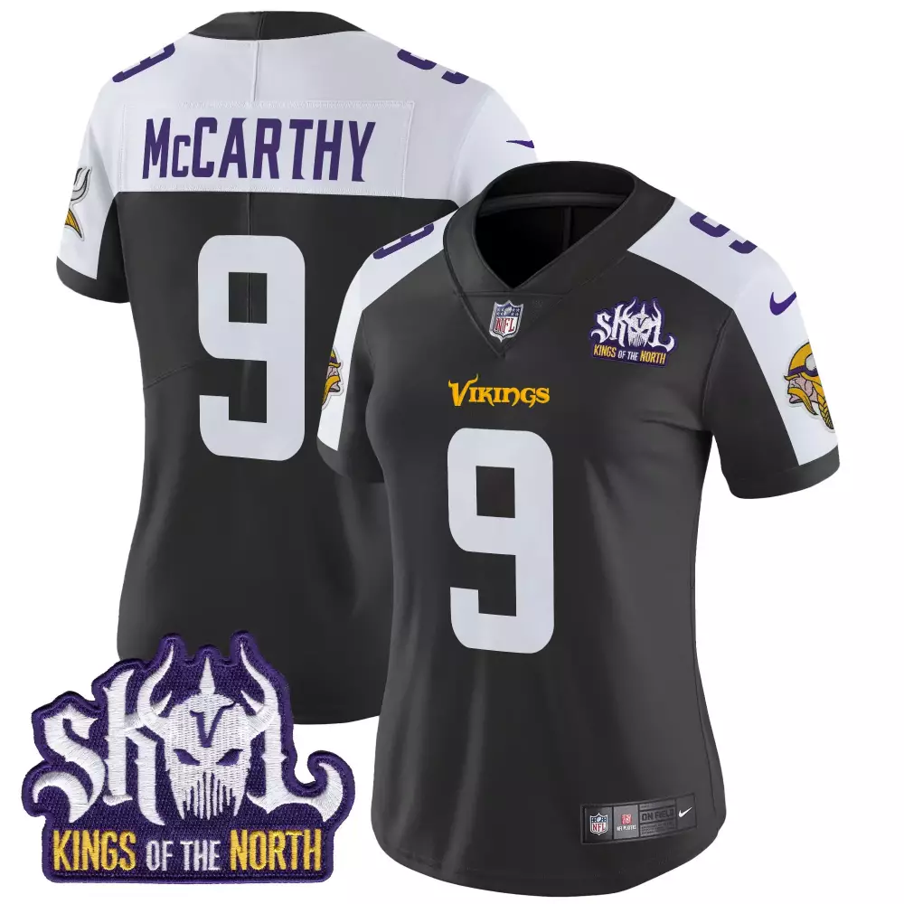 JJ McCarthy 2024 Black Alternate Women's Vikings Kings of the North Vapor Limited Jersey | Stitched | Game Day Outfit | For Men, Women & Youth