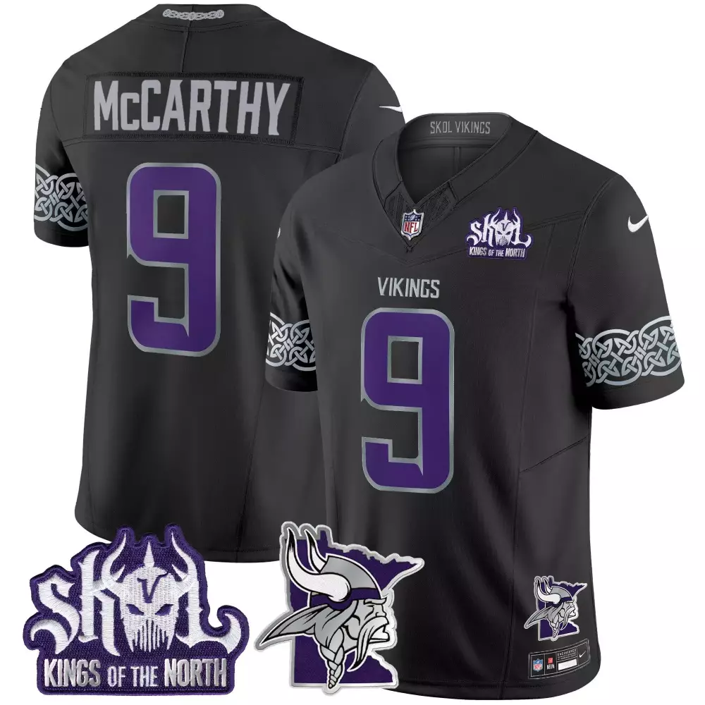 jj mccarthy black mens vikings 2024 winter warrior skol patch vapor limited jersey v2 all stitched