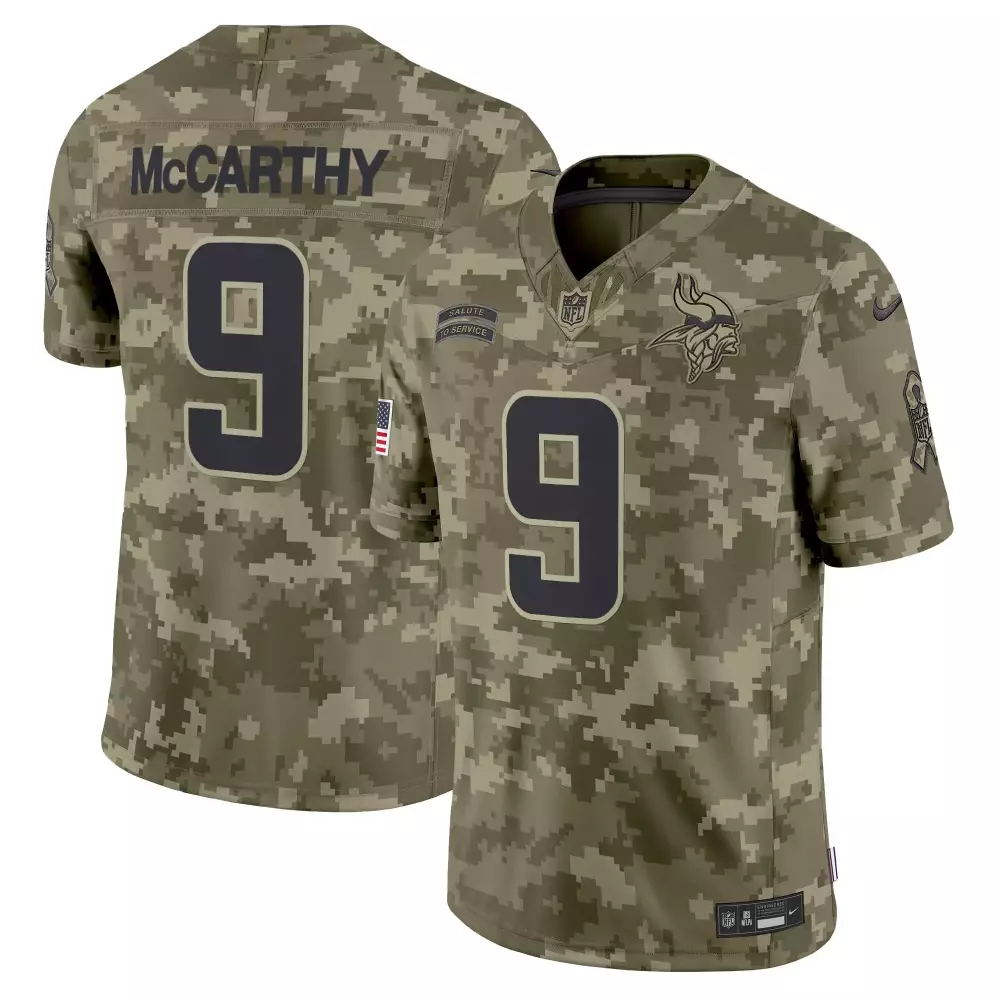 jj mccarthy olive camo mens vikings 2024 salute to service vapor limited jersey all stitched