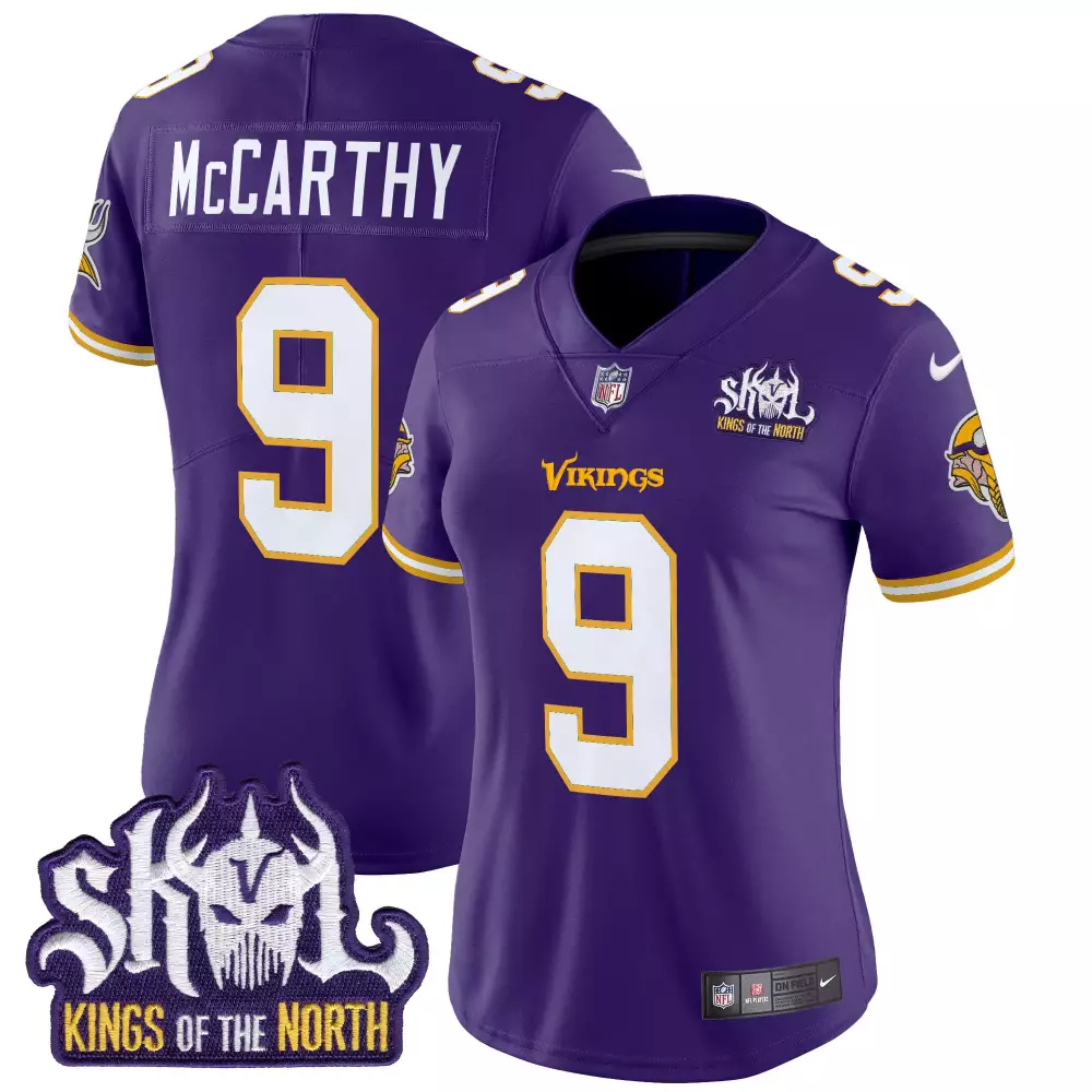 JJ McCarthy Minnesota Vikings Purple Women's King of the North Throwback Vapor Limited Jersey | Stitched Fan Gear | For Men, Women & Youth