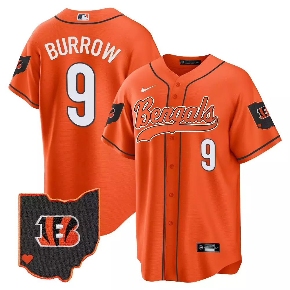 Joe Burrow Cincinnati Bengals Ohio Patch Baseball Jersey | Orange Stitched | Fan Gear for All | For Men, Women & Youth