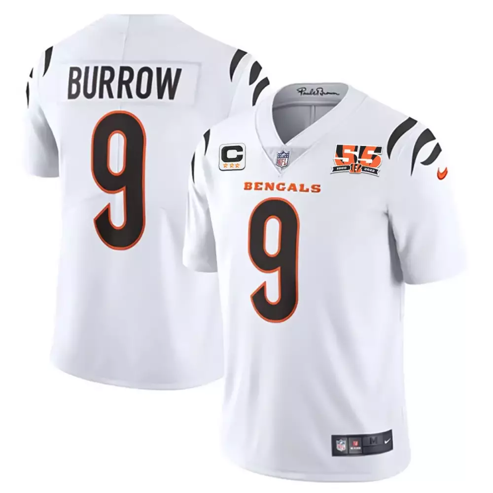 Joe Burrow Cincinnati Bengals 55th Anniversary Patch Player Vapor Limited Jersey | White Stitched | Fan Gear for Men, Women & Youth