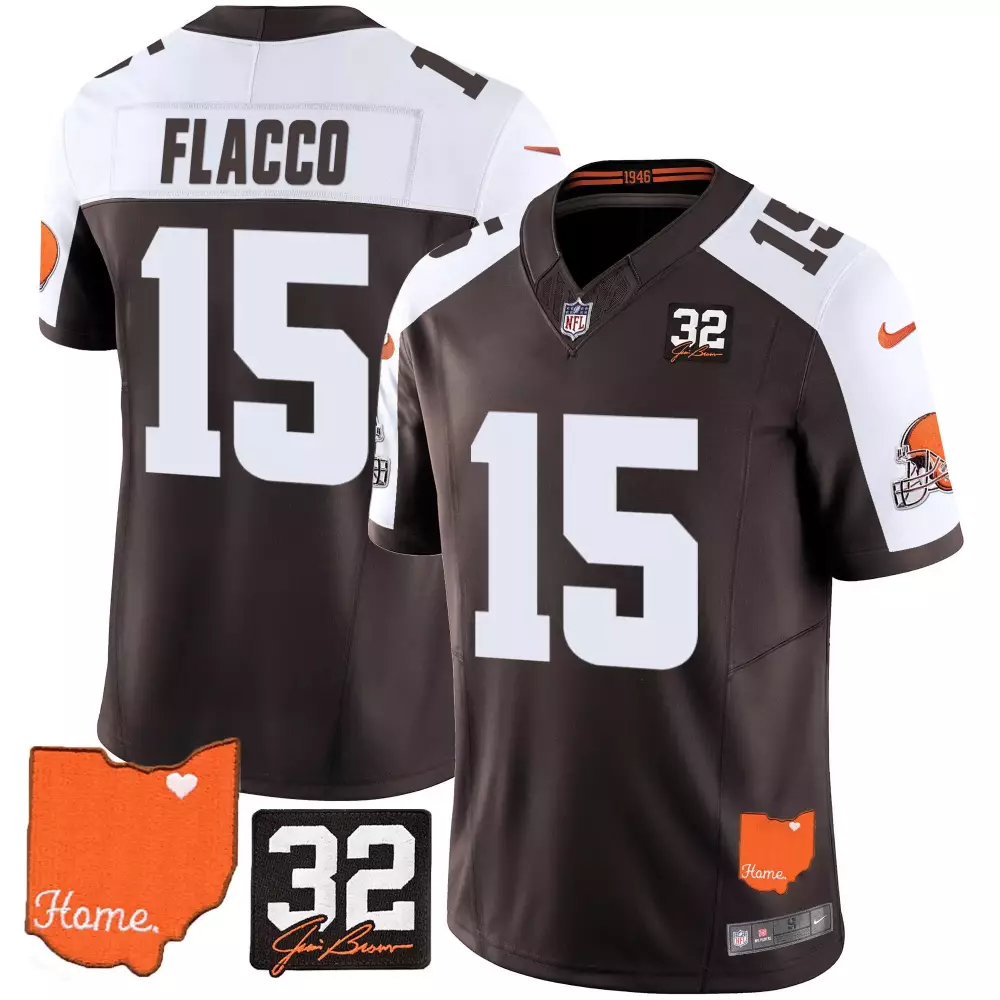 Joe Flacco Alternate Men's Cleveland Browns 32 Jim Brown Memorial Home Patch Jersey | All Stitched | Fan Gear for Men, Women & Youth