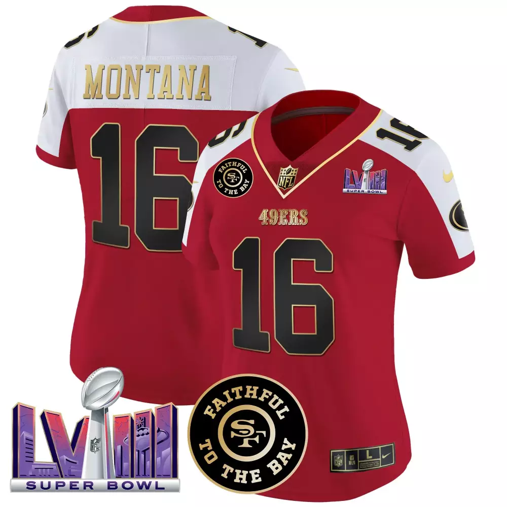 Joe Montana San Francisco 49ers 2024 Women's Alternate Jersey | Faithful Super Bowl LVIII Patch Vapor Limited Edition | For Men, Women & Youth