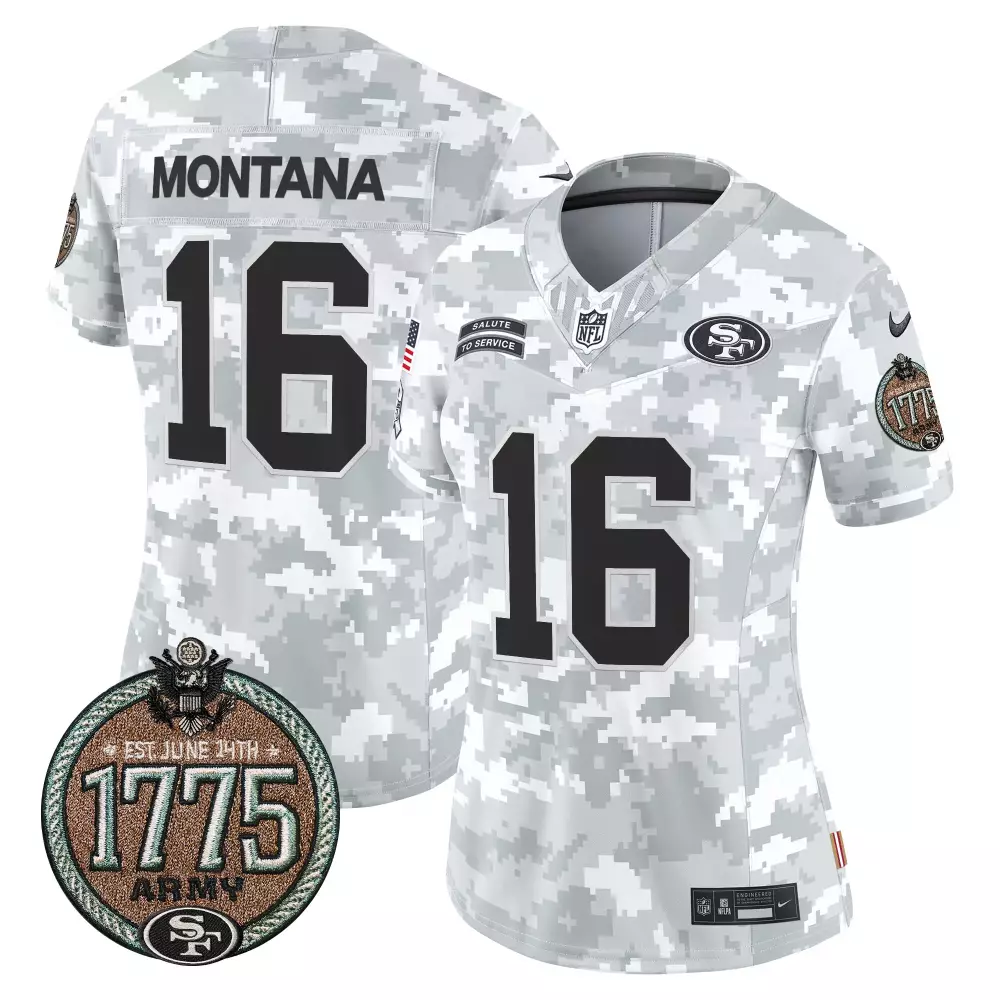 Joe Montana San Francisco 49ers 2024 Salute to Service Jersey | Women's Army Edition with Establishment Year Patch | For Men, Women & Youth
