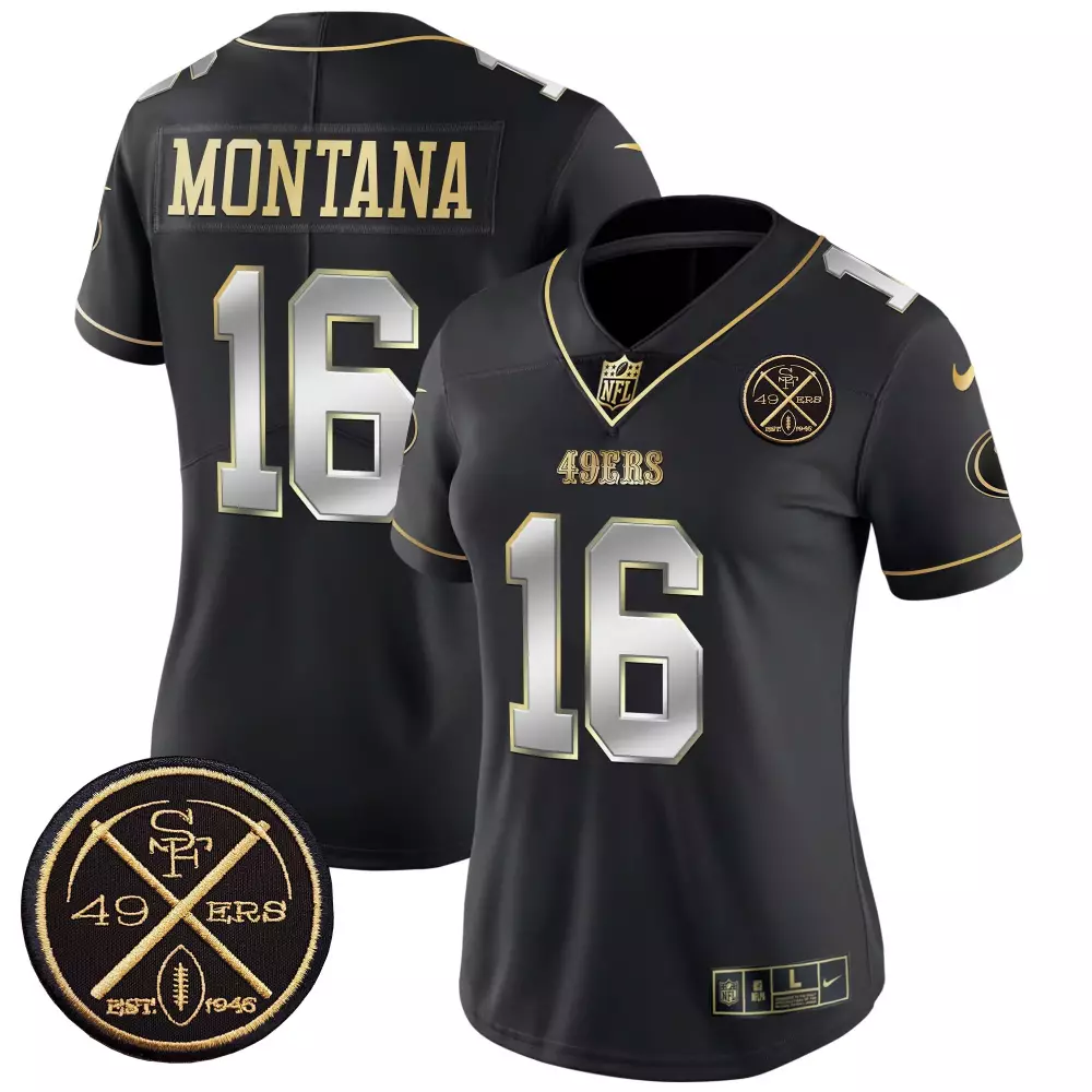 Joe Montana Black Limited Women's San Francisco 49ers Vapor Jersey | EST1946 Patch | For Men, Women & Youth