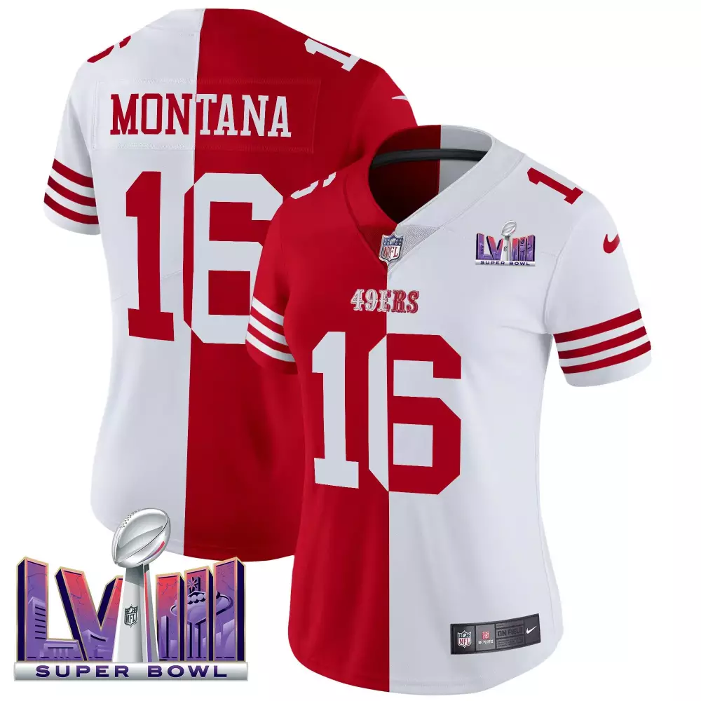 Montana San Francisco 49ers Split Women's Jersey | Super Bowl LVIII Patch | Vapor Stitched Fan Gear | For Men, Women & Youth