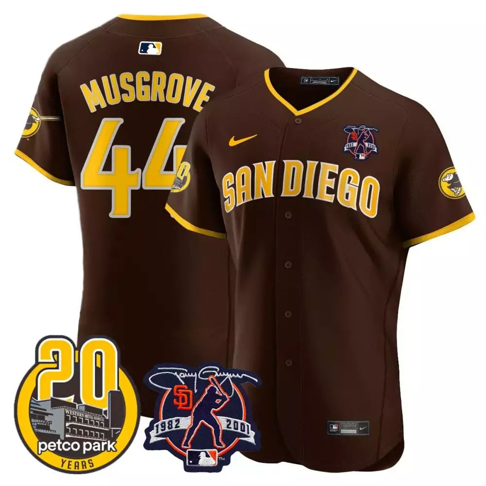 Joe Musgrove Brown Men's Padres Tony Gwynn Petco Park 20th Patch Limited Edition Elite Jersey | Stitched Vapor Design | Fan Gear for Men, Women & Youth