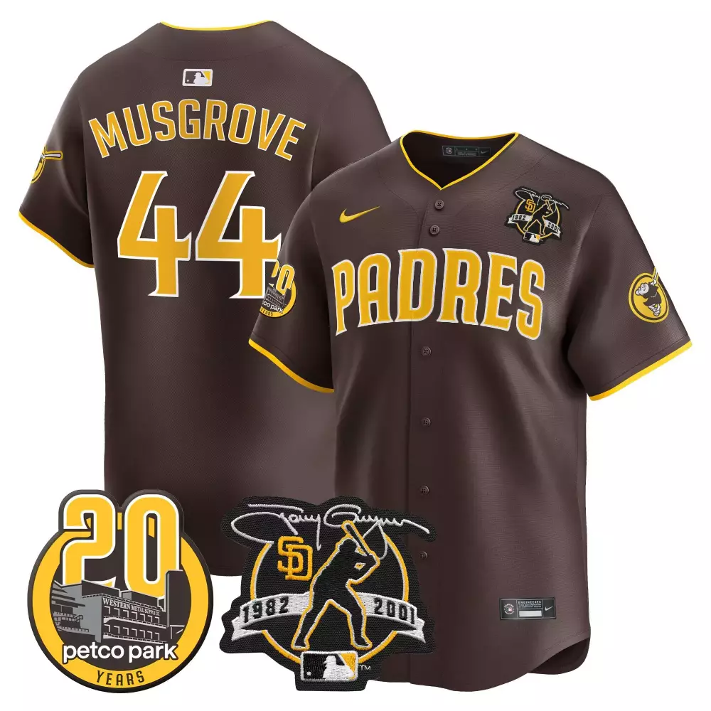 Joe Musgrove Brown Men's Padres Tony Gwynn Petco Park 20th Patch Limited Edition Elite Jersey | Stitched Vapor Design | Fan Gear for Men, Women & Youth