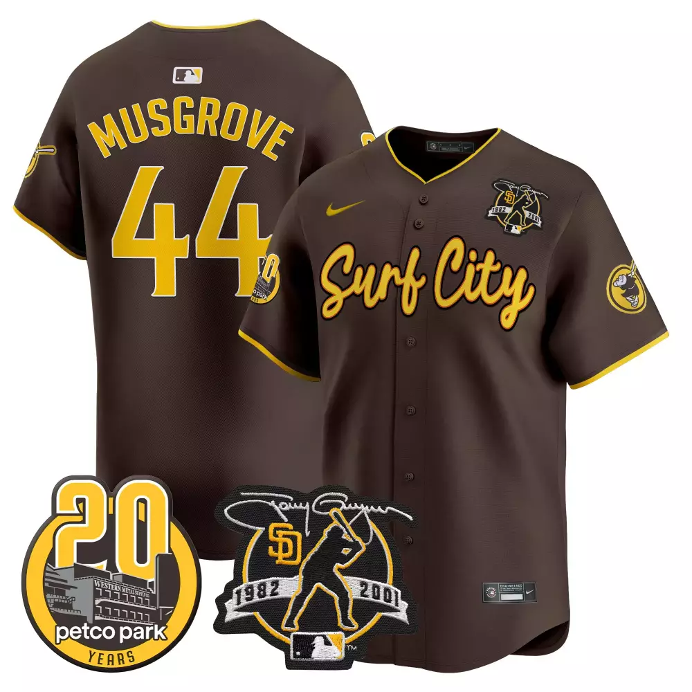 Joe Musgrove Brown Men's Padres Tony Gwynn Petco Park 20th Patch Limited Edition Elite Jersey | Stitched Vapor Design | Fan Gear for Men, Women & Youth