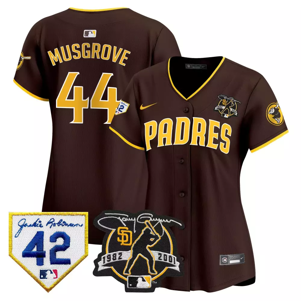 Joe Musgrove Brown Women's Padres 2024 Tony Gwynn Robinson Patch Limited Edition Jersey | Stitched Vapor Premier | Fan Gear for Men, Women & Youth