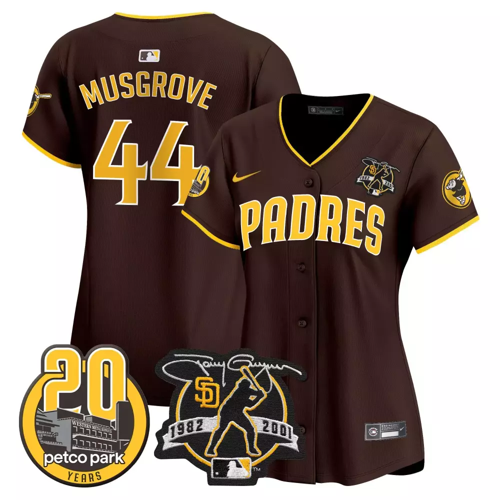 Joe Musgrove Brown Women's Padres Tony Gwynn Petco Park 20th Patch Limited Edition Jersey | Stitched Vapor Premier | Fan Gear for Men, Women & Youth