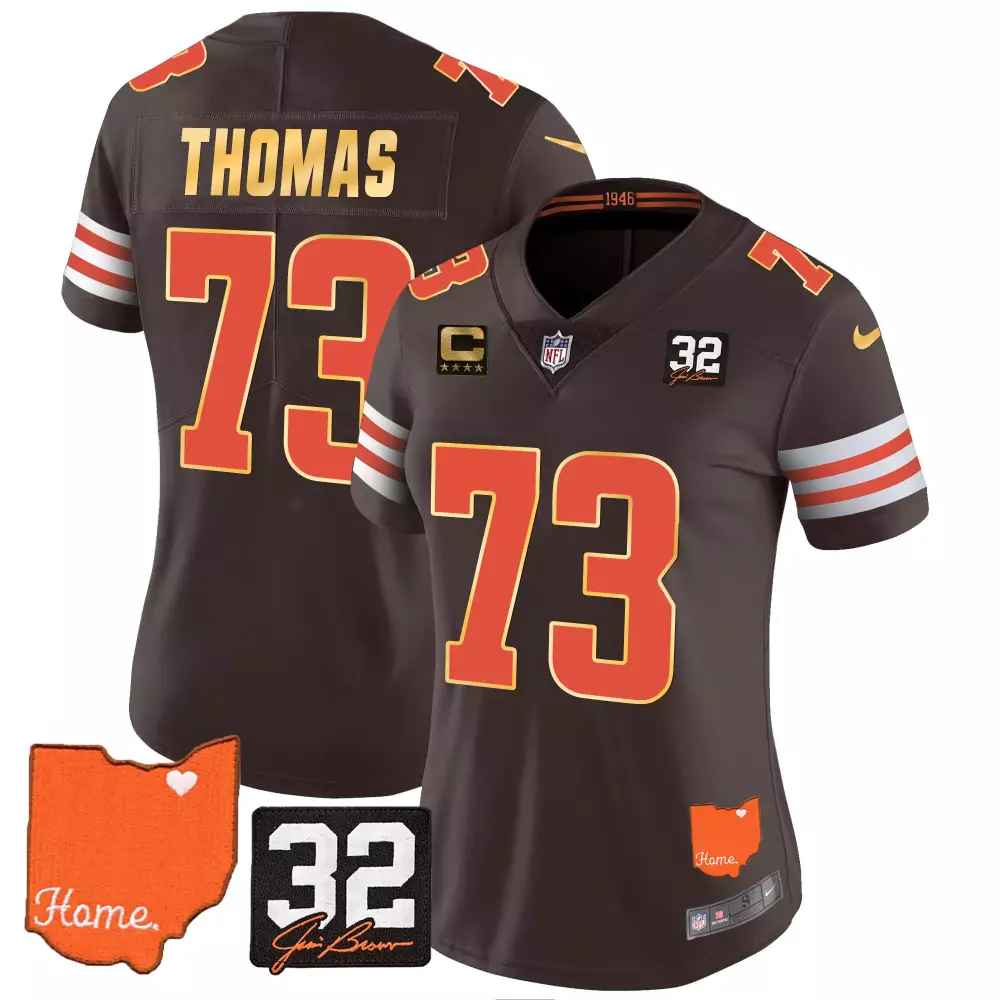 Joe Thomas Women's Cleveland Browns Brown Jersey | Jim Brown Memorial Home Patch | Stitched Gold Trim | Fan Gear for Men, Women & Youth