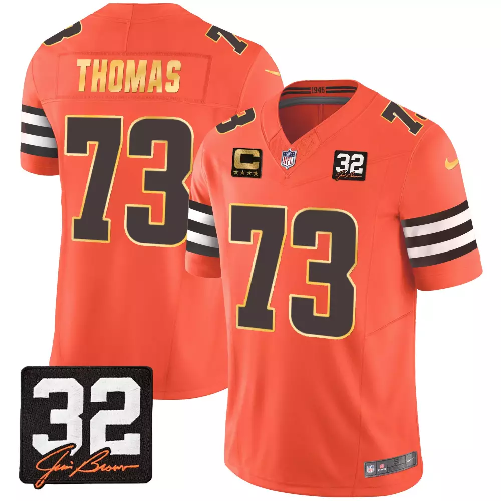 Joe Thomas Cleveland Browns 32 Jim Brown Memorial Patch Gold Trim Orange Jersey | Stitched Fan Gear | For Men, Women & Youth