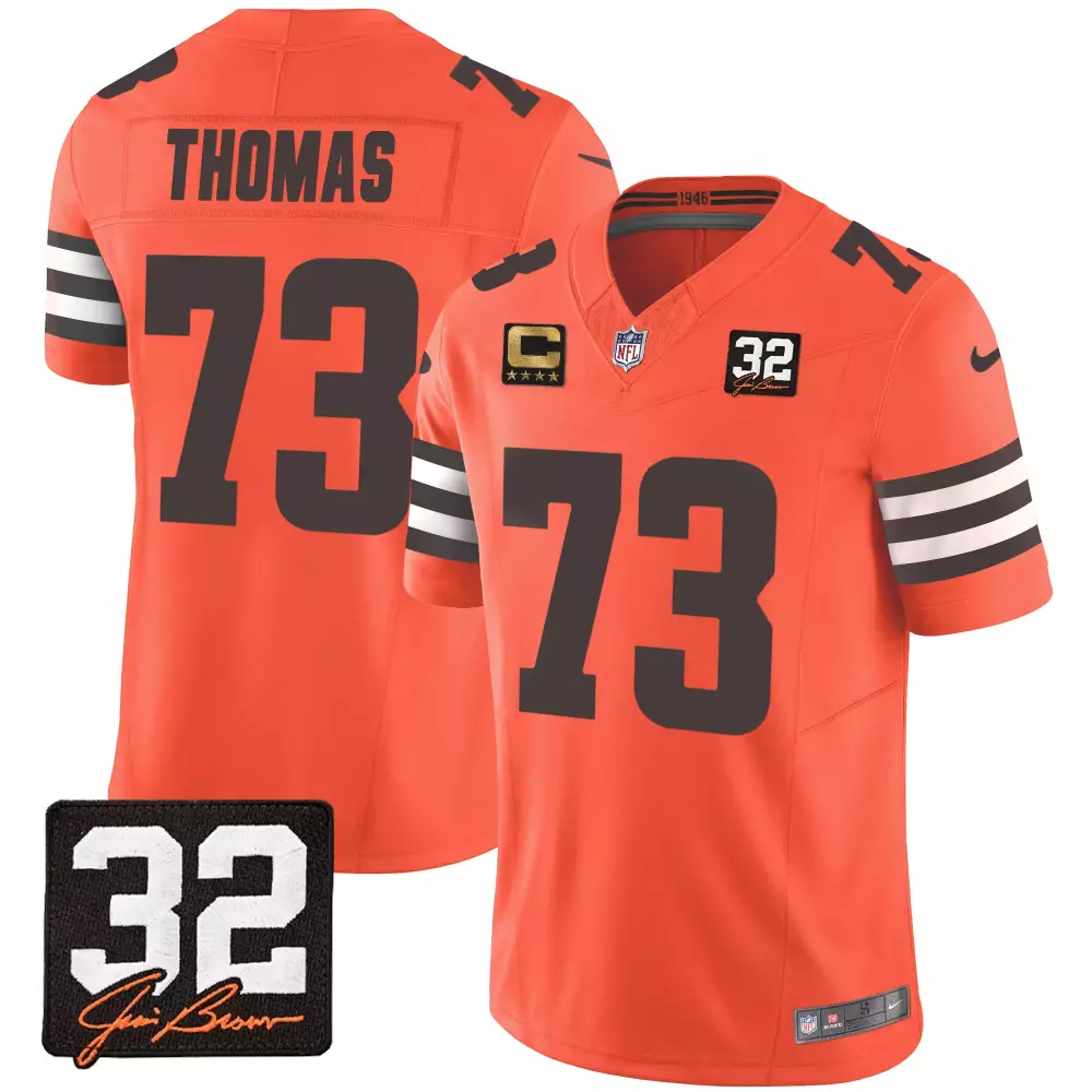 Joe Thomas Cleveland Browns 32 Jim Brown Memorial Patch Gold Trim Orange Jersey | Stitched Fan Gear | For Men, Women & Youth