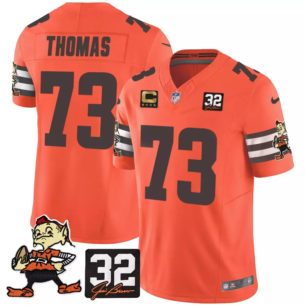 Joe Thomas Cleveland Browns 32 Jim Brown Memorial Patch Orange Women's Jersey | Stitched Fan Gear | For Women & Youth