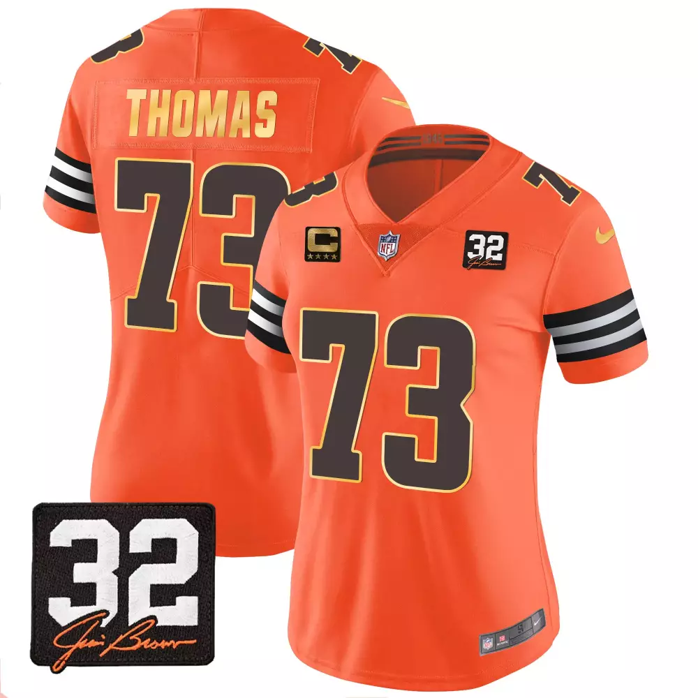 Joe Thomas Cleveland Browns 32 Jim Brown Memorial Patch Gold Trim Orange Jersey | Stitched Fan Gear | For Men, Women & Youth
