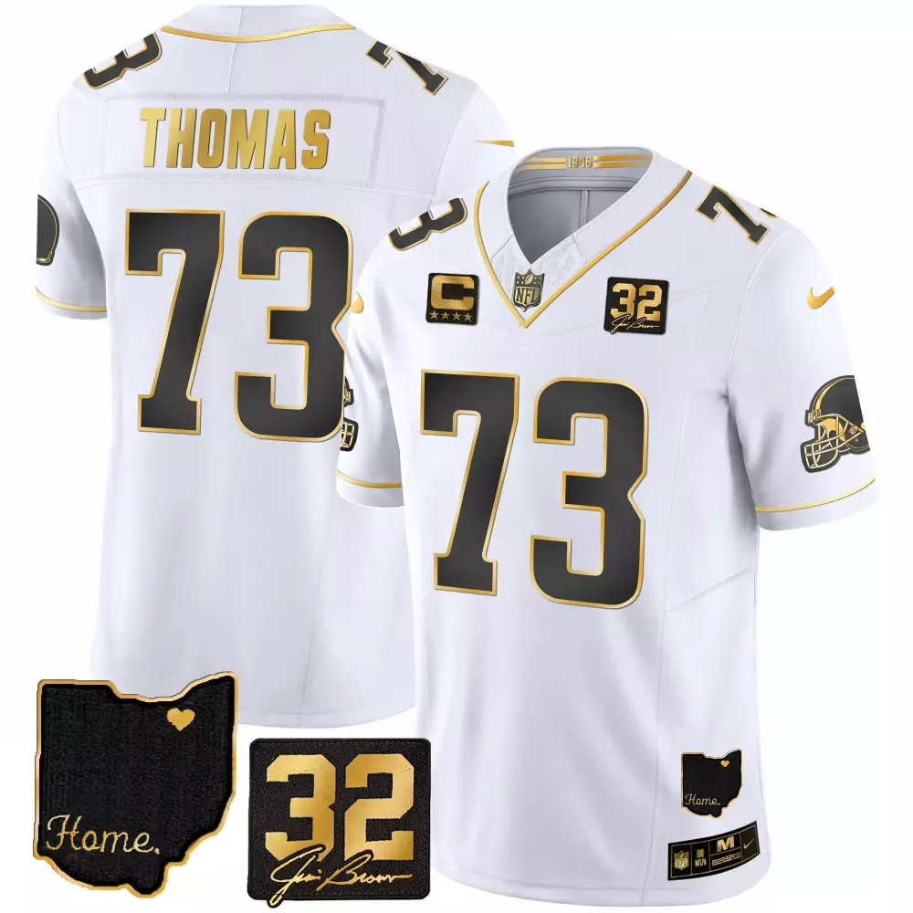 Joe Thomas Men's Gold Jersey | Cleveland Browns 32 Jim Brown Memorial Home Patch | Stitched Fan Gear for Men