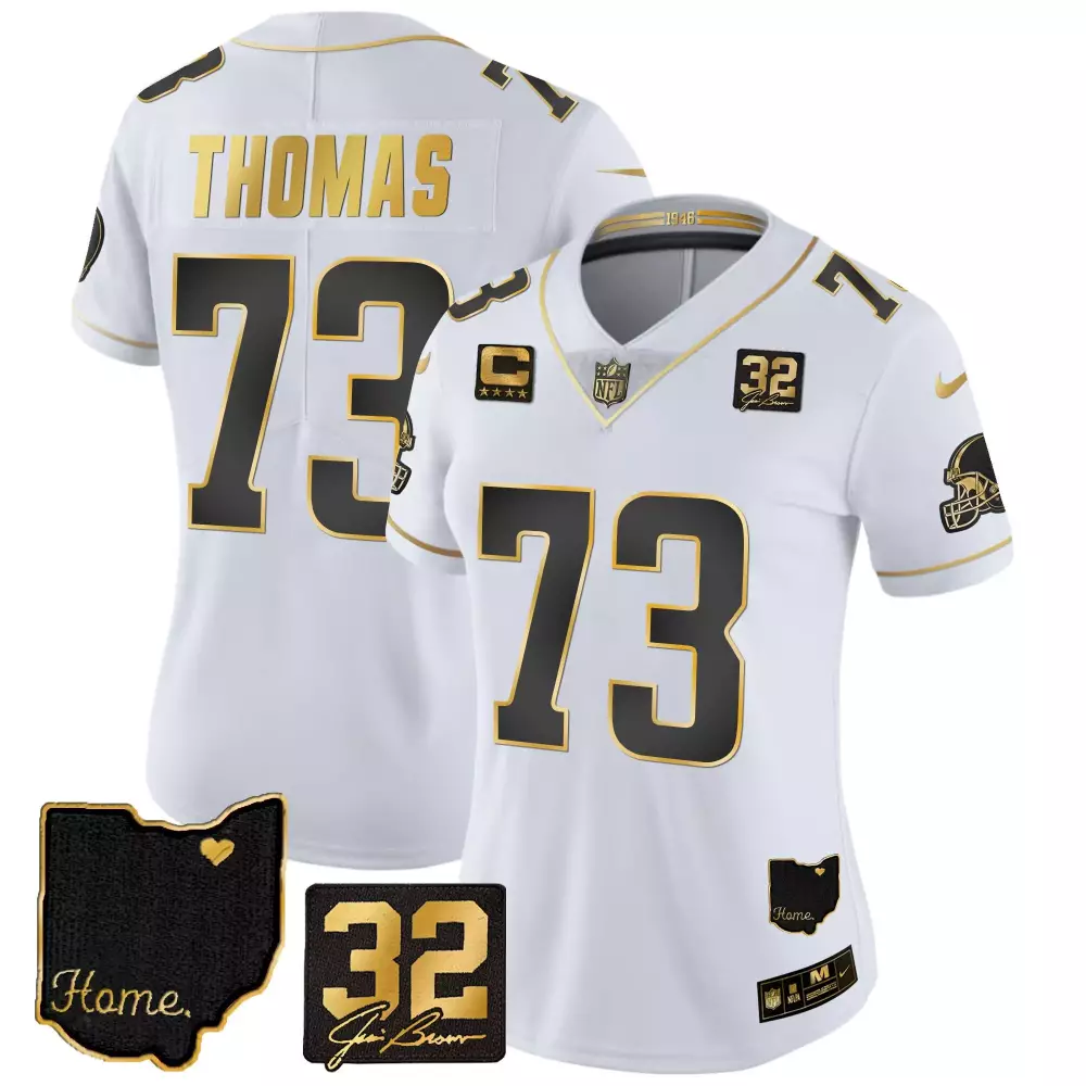 Joe Thomas Women's Gold Jersey | Cleveland Browns 32 Jim Brown Memorial Home Patch | Stitched Fan Gear for Women