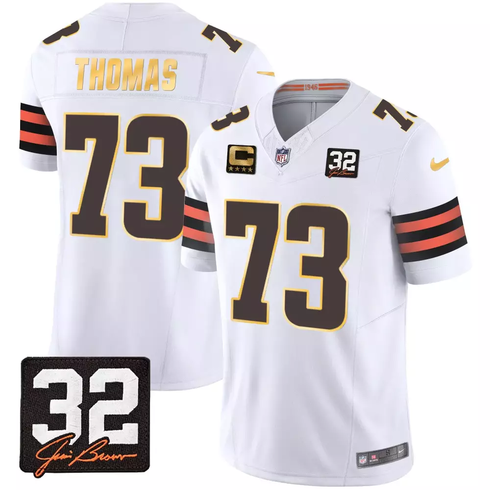 Joe Thomas Cleveland Browns 32 Jim Brown Memorial Patch Gold Trim Orange Jersey | Stitched Fan Gear | For Men, Women & Youth