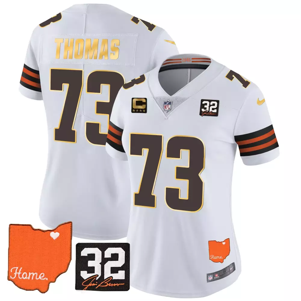 Joe Thomas Men's Gold Jersey | Cleveland Browns 32 Jim Brown Memorial Home Patch | Stitched Fan Gear for Men