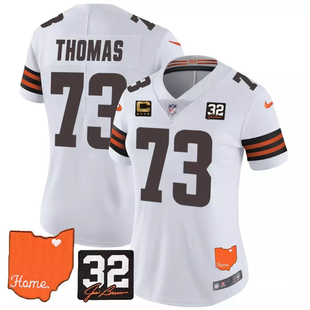 Joe Thomas Men's Gold Jersey | Cleveland Browns 32 Jim Brown Memorial Home Patch | Stitched Fan Gear for Men