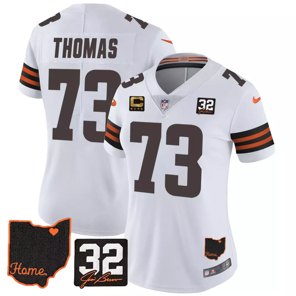 Joe Thomas Men's Gold Jersey | Cleveland Browns 32 Jim Brown Memorial Home Patch | Stitched Fan Gear for Men