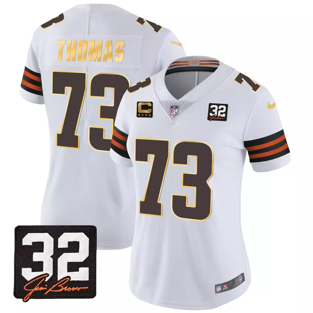 joe thomas white womens cleveland browns 32 jim brown memorial patch gold trim jersey all stitched